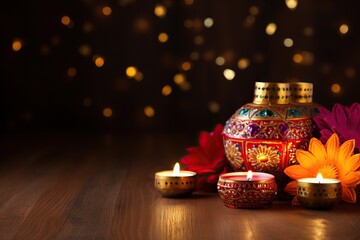 Diwali holiday home decorations on wooden table