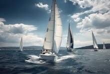 Competitions On Sailing Yachts On The Sea. Generative Ai.
