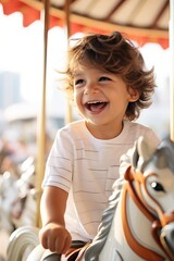 Sticker - An little funny and smiling child enjoy on carousel. funny and smiling