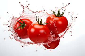 Photo fresh tomatoes under pouring water on white background 