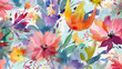 © Kufotos - Pattern of multicolored flowers on a white background in a watercolor style in pastel colors. Generated AI. Illustration for design, postcard or print.