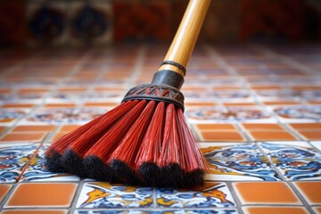 Wall Mural - close-up of a broom bristles on a tiled floor