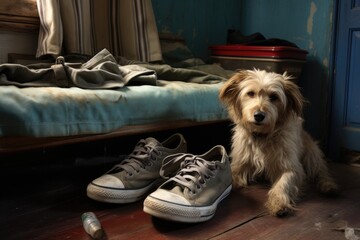 Canvas Print - well-worn walking shoes next to a dogs bed