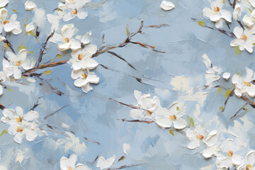 seamless pattern - repeatable texture of abstract white cherry blossoms on light blue background