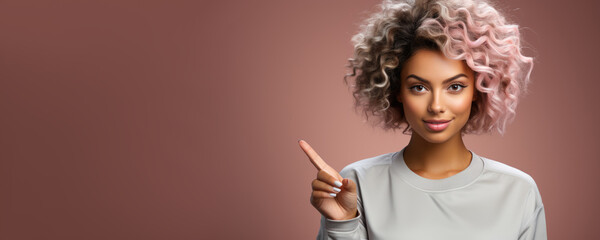 girl points her finger, banner with copyspace for advertising and promotions