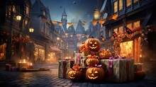 Glowing Halloween Sale With Creepy Decorations And Haunting Lanterns. Spooky Holiday Boxes With Bats And Moonlight.