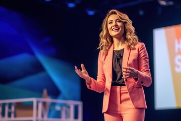 motivational speaker with headset performing on stage.