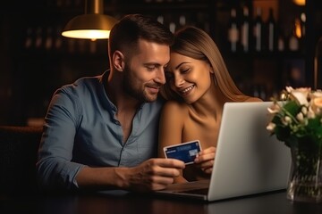 Couple in love sitting at the table in front of the laptop at home. They are holding credit card together.