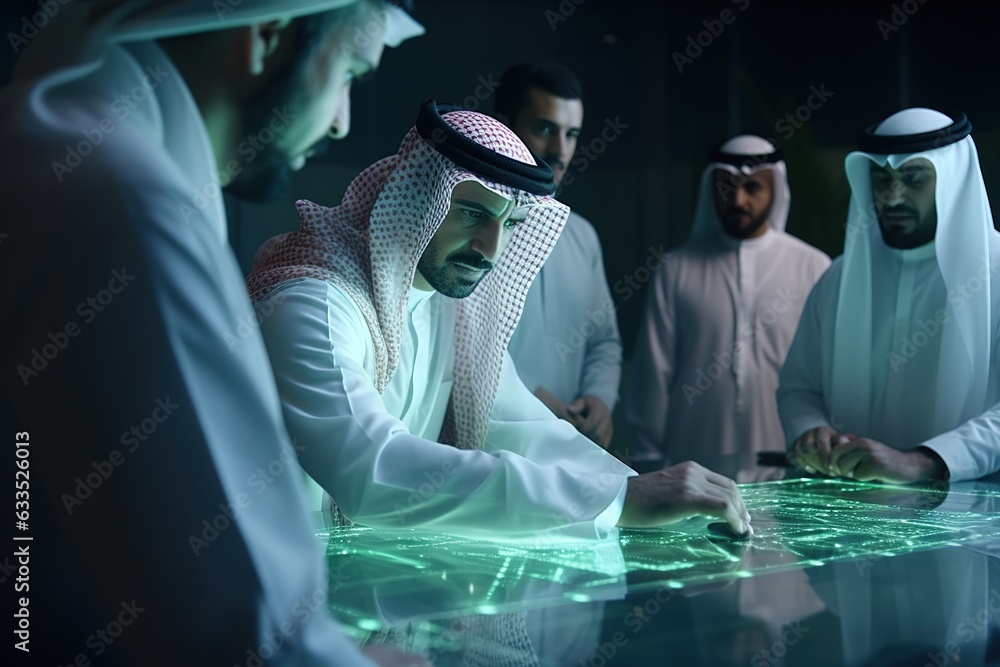 Arabian architect team, engineers talking to shaikh, working on city ...