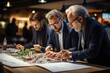 Architects discussing building plans with blueprints - stock photography
