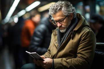 Wall Mural - Commuter reading a newspaper on a subway - stock photography