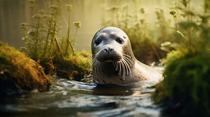 Seal in the wild near the water, an animal of the seal family in captivity on rehabilitation in the reserve. common seals (Phoca).