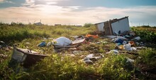 Illegal dumping of rubbish in natural environment. Fly tipping, bad waste management, illegal landfill, environmental issues.