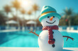 Snowman beach vacation holidays near the swimming pool in a luxury resort. Winter holidays by the sea.