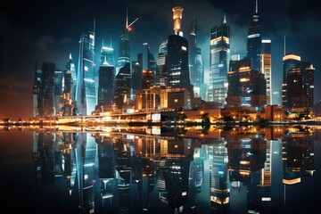 Wall Mural - Nighttime cityscape with illuminated buildings - stock photography