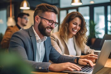 Smiling business man and woman using laptop in their office