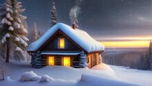 Solitary Snowbound Half-timbered Rustic House Decorated For Christmas Among Snow-covered Fir Tree Forest At Snowfall Winter Night. Festive 3D Animation For Xmas Or New Year Holidays Rendered In 4K