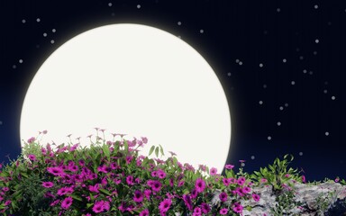 Wall Mural - pink flower bush Fast growing Timelape style with full moon background, star bokeh. Flowers are growing on dry logs quickly. 3D Rendering