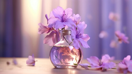 Fresh scent of purple flower in glass bottle colorful