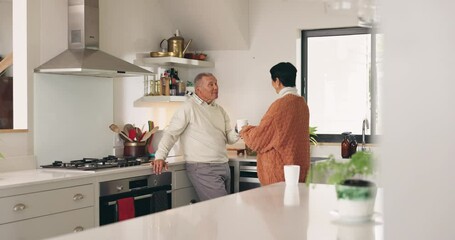 Poster - Old couple in kitchen, talking and bonding with coffee, relax with morning routine and communication with trust. Commitment, marriage and life partner, man and woman at home, tea and chat with love