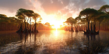 Mangrove Forest At Sunset, Panorama Of River In Wild Jungle, Generative AI.
