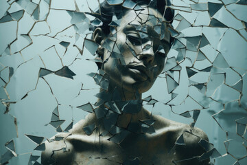 Wall Mural - A portrait of a person composed of a broken mirror showing the person shattered into pieces symbolizing the internal struggle of body