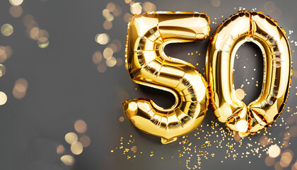 Gold foil balloon number, digit fifty. Birthday greeting card with inscription 50. Anniversary celebration event. Banner. Golden numeral, black background. Numerical digit, light bokeh, glitter.
