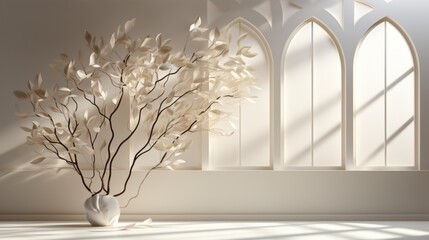 3d White wall background display with shawdow leaves overlay on Beige floor room,Transparent soft light fo branches leaf,Concept for Organic Cosmetic product presentation,Sale