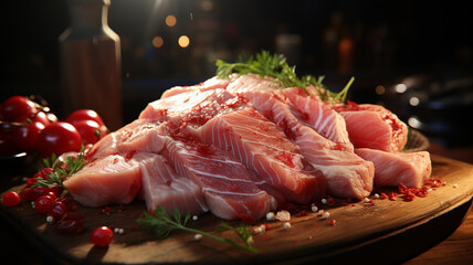 Wall Mural - fresh meat with vegetables on plate on table