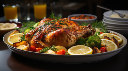 Wall Mural - roasted duck on plate with herbs on table, closeup. thanksgiving celebration