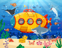 Cartoon Submarine Under The Sea. Small Inquisitive Children On Bathyscaphe Explore Underwater World. Vector Illustration
