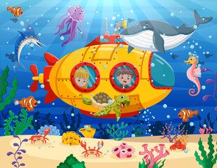 Wall Mural - Cartoon Submarine Under The Sea. Small inquisitive children on bathyscaphe explore underwater world. Vector illustration