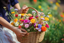Woman's Hands As She Holds A Straw Basket, Filled To The Brim With A Vibrant Array Of Multicolored Wildflowers, Meadow Comes Alive With The Beauty Of Nature On Sunny Day
