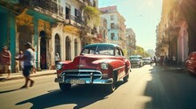 A Photo Of A Beautiful Vintage Retro Red Car On A Sunny Street In Havana, Cuba. Car On Road And People Walking Around Street. Old Colorful Buildings. Desktop Wallpaper Background. 16:9 . Generative AI
