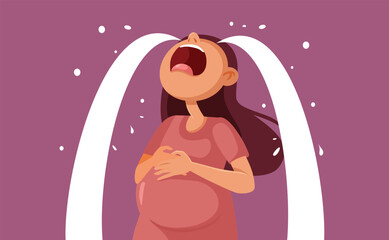 Wall Mural - Very Emotional Pregnant Woman Crying from Hormones Vector Cartoon illustration. Unhappy girl feeling discomfort during her pregnancy 
