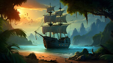 Illustration Landscape With Pirate Ship.
