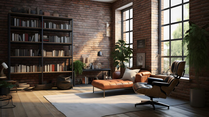 a psychologist's office, brick walls, modern contemporary style

