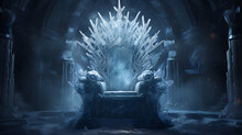 A Throne Made Of Ice With Large Snowflakes In The Center And On The Sides, Dark Background 
