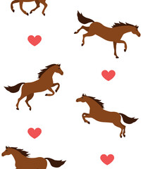 Wall Mural - Vector seamless pattern of flat hand drawn horses and hearts isolated on white background