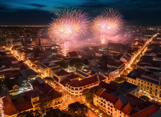 Wall Mural - Illustration of Fireworks at Night. Stars of the fireworks are on a dark blue sky. Fireworks festival in the capital city. Generative AI.