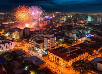 Wall Mural - Illustration of Fireworks at Night. Stars of the fireworks are on a dark blue sky. Fireworks festival in the capital city. Generative AI.