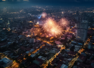 Wall Mural - Illustration of Fireworks at Night. Stars of the fireworks are on a dark blue sky. Fireworks festival in the capital city. Generative AI.