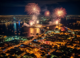 Wall Mural - Illustration of Fireworks at Night. Stars of the fireworks are on a dark blue sky. Fireworks festival in the capital city. Generative AI.