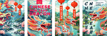 Chinese New Year Of The Dragon Placard Set. Asian 2024 Festival Greeting Card Art Design. China Holiday Bright Colors Mythical Serpent. Text Translation From Chinese: Year Of The Dragon. Vector Prints