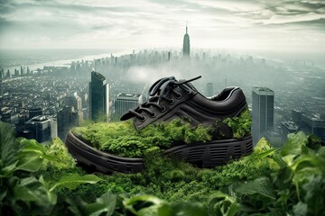 A photo was taken shoe with greenery and city , Carbon Footprint concept. AI Generative