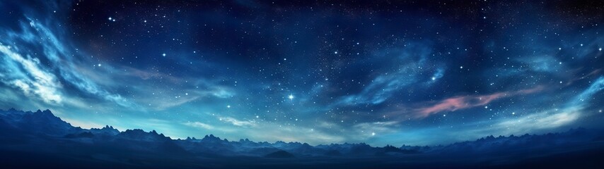 Panorama dark blue night sky, milky way and stars on dark background, Universe filled with stars, nebula and galaxy, 