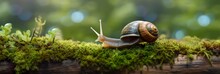 A Journey Through The Forest. Close-up Of A Snail In The Forest With Natural Background. 