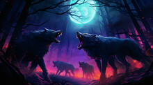 Neo-Artistic Rendering Of Werewolves Howling In Moonlit Dark Forest