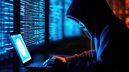 Anonymous hacker programmer coding at the laptop computer Internet security. Cyber attack business man in hooded shirt using computer against dark background