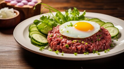 Tasty Steak tartare Raw beef - classic steak tartare on white plate Awesome background. Generative AI